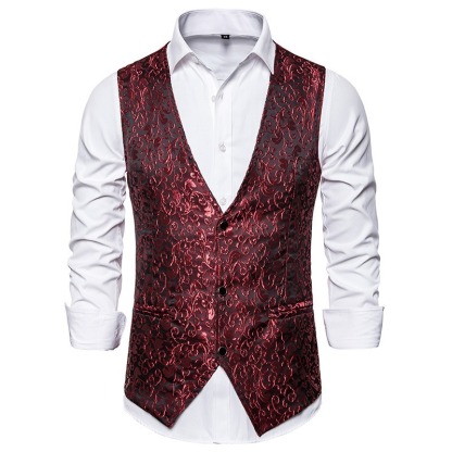 Mens Hipster Metallic Jacquard Single Breasted V-Neck Suit Vest/Tuxedo Waistcoat