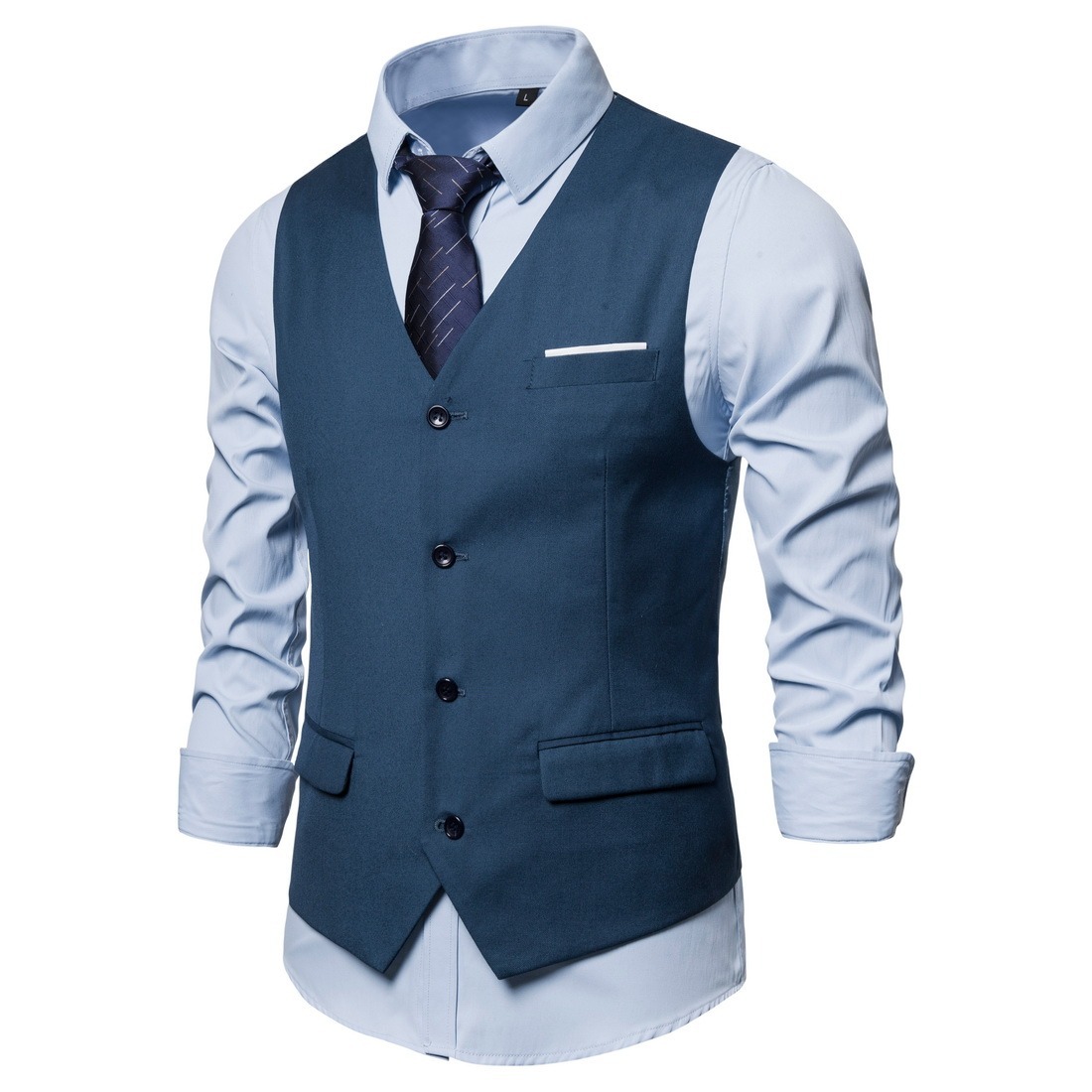 Men's Fashionable Solid Color Design Single-Breasted Pocket Design Versatile Slim-Fitting Vest