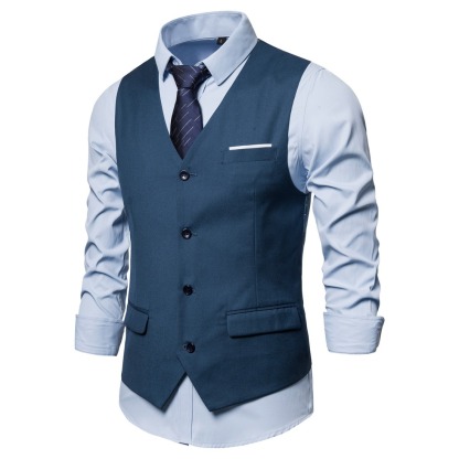 Men's Fashionable Solid Color Design Single-Breasted Pocket Design Versatile Slim-Fitting Vest