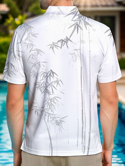 Plant Bamboo Buttons Casual Short Sleeve Polo Shirt