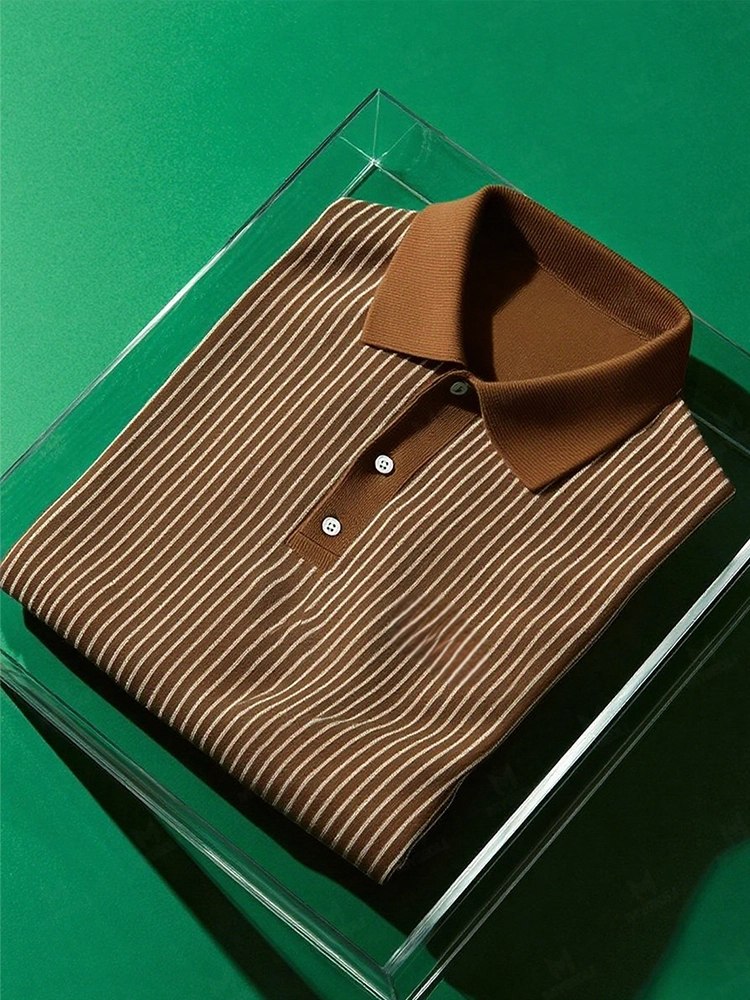 Men's Business Casual Striped Button Short Sleeve Polo Shirt