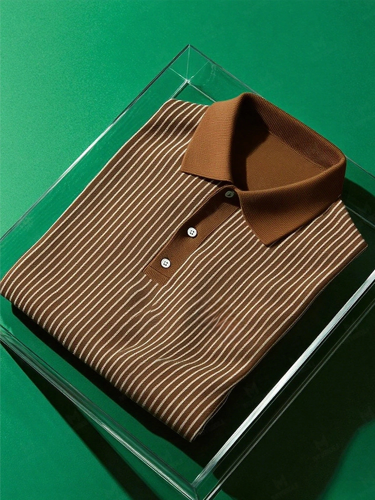 Men's Business Casual Striped Button Short Sleeve Polo Shirt