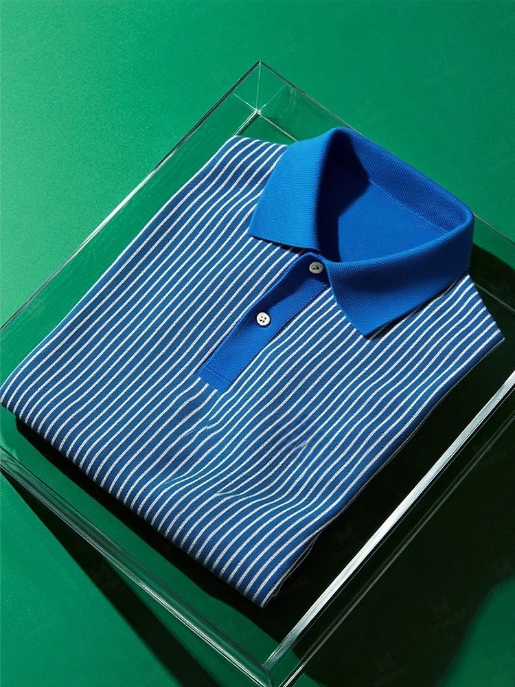 Men's Business Casual Striped Button Short Sleeve Polo Shirt