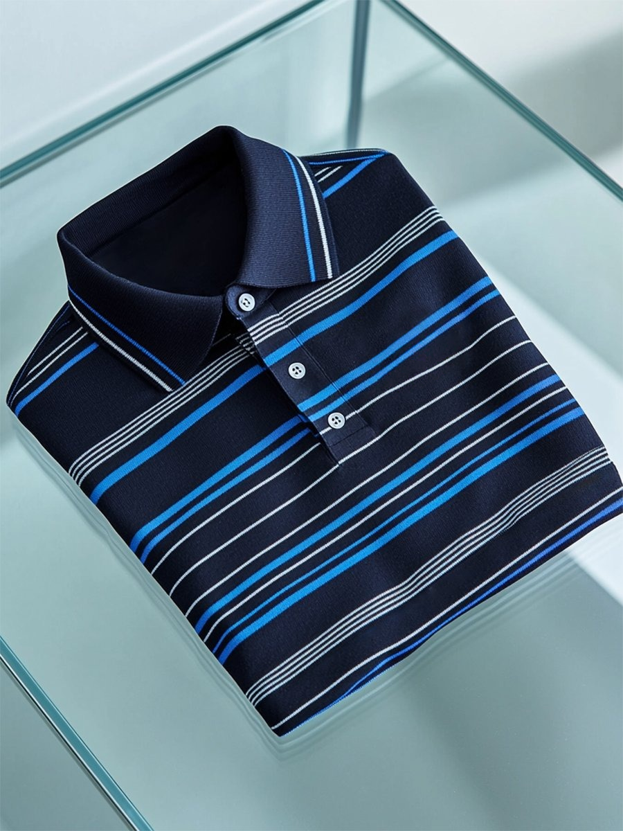 Men's Business Casual Striped Button Short Sleeve Polo Shirt