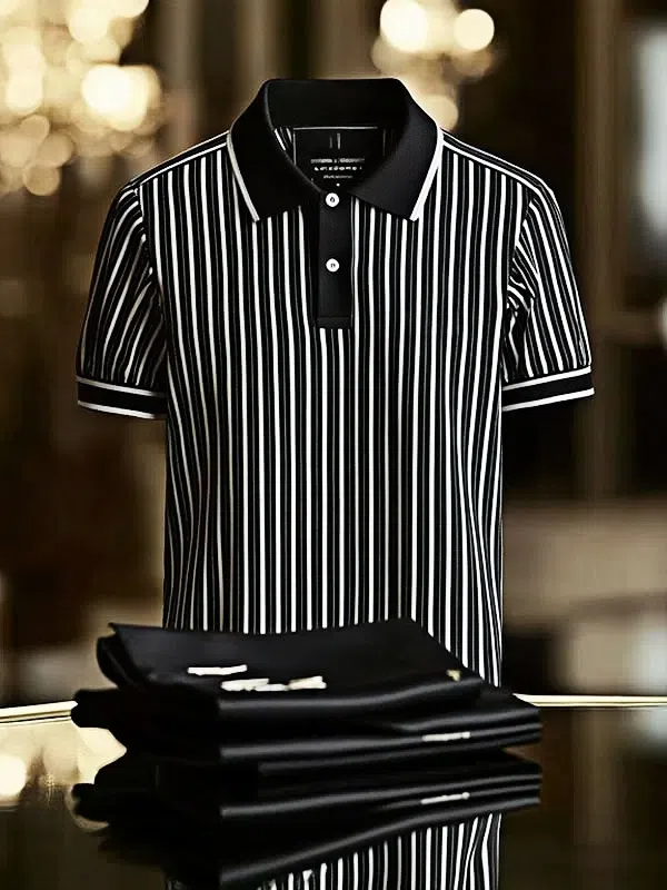 Men's Striped Business Logo Lapel Short Sleeve Polo Shirt