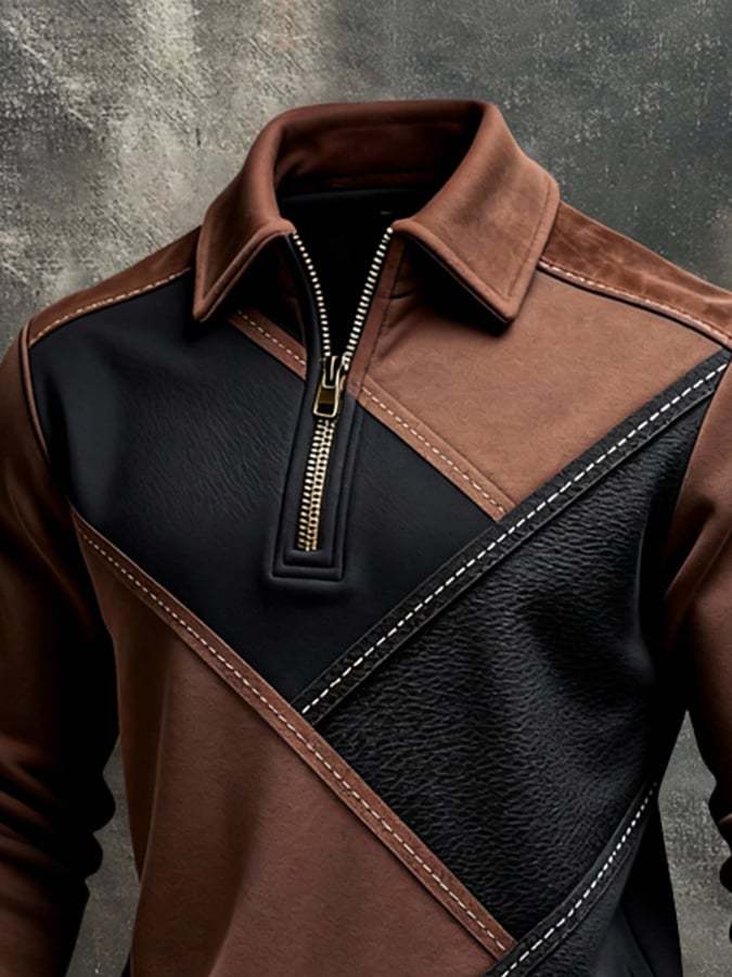 Men's Retro Color Block Print Color-Blocked Zip-Up Sweatshirt