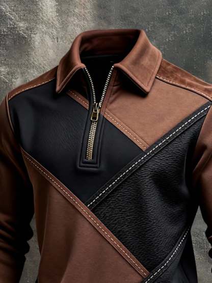 Men's Retro Color Block Print Color-Blocked Zip-Up Sweatshirt