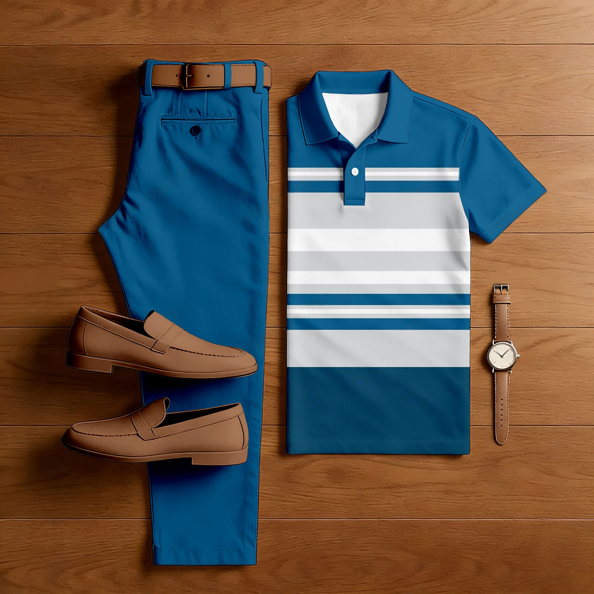 Men's Casual Deep Blue & White Color Matching Striped Printed Short Sleeved Polo Shirt & Trousers Two-Piece Set