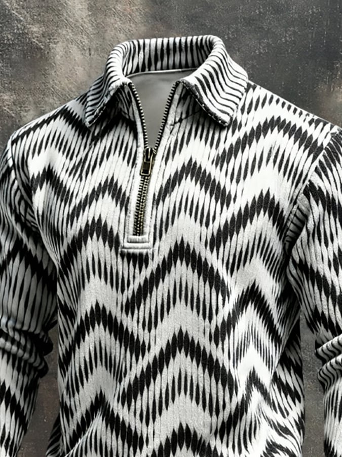 Men's Retro Color Block Print Color-Blocked Zip-Up Sweatshirt