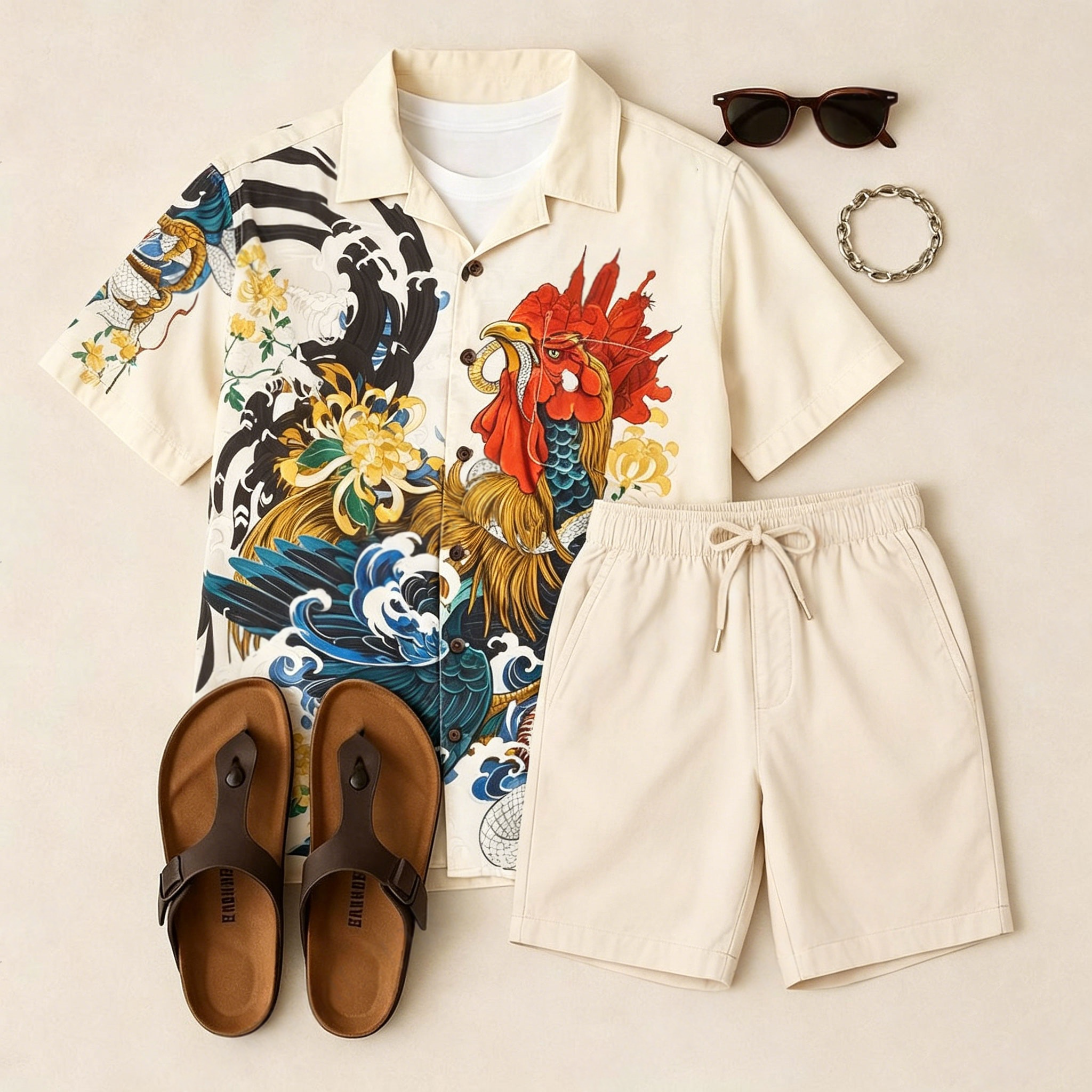 Men's Casual Off-White Rooster Short-Sleeve Shirt And Printed Shorts Two-Piece Set