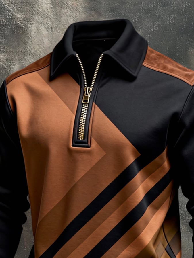 Men's Retro Color Block Print Color-Blocked Zip-Up Sweatshirt