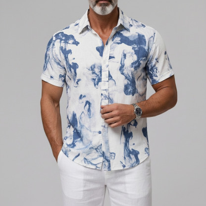 Men's Ink-wash Print Button Vacation Cuffed Edge Short Sleeve Shirt