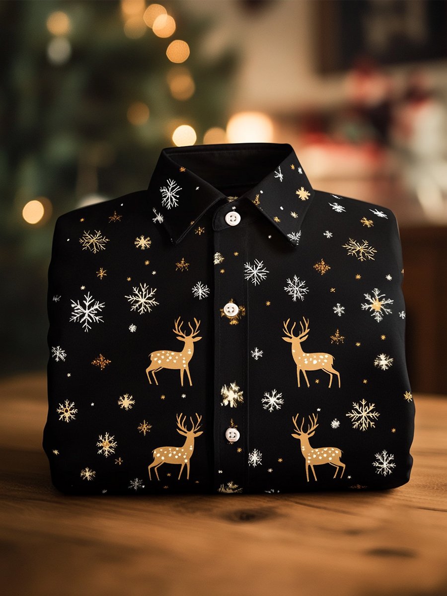 Christmas Men's Business Luxury Christmas Tree and Christmas Elk Long Sleeve Shirt