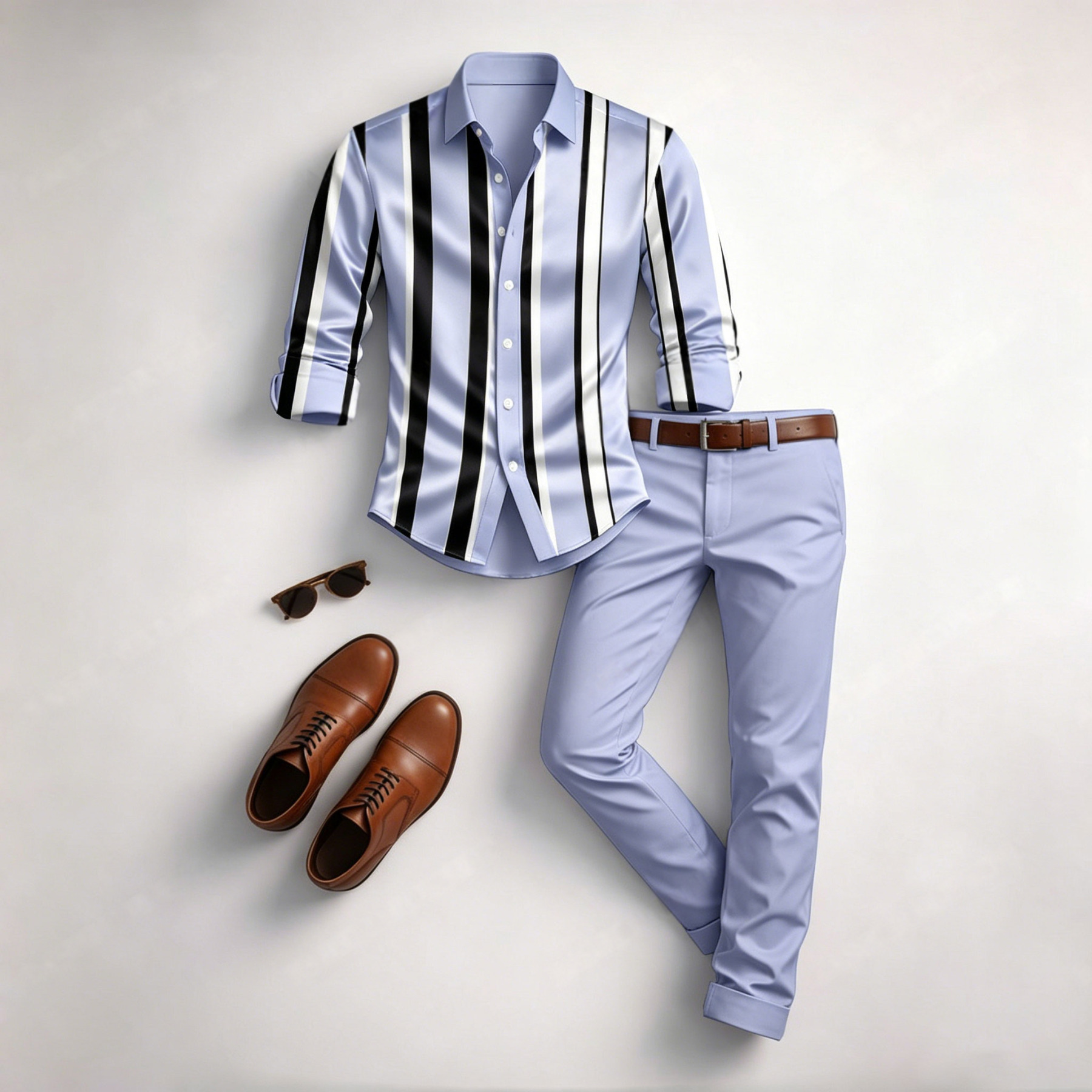 Men's Casual Purple Stripes Color Matching Geometric Printed Long Sleeved Shirt & Trousers Two-Piece Set