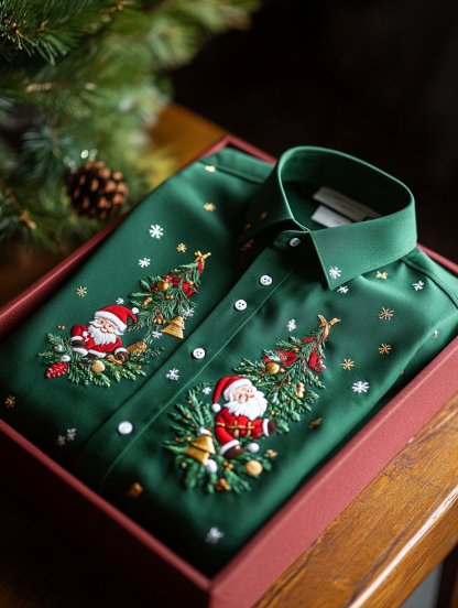 Men's Business Retro Christmas Evergreen Pine Snowflake Santa Claus Print Long Sleeve Shirt