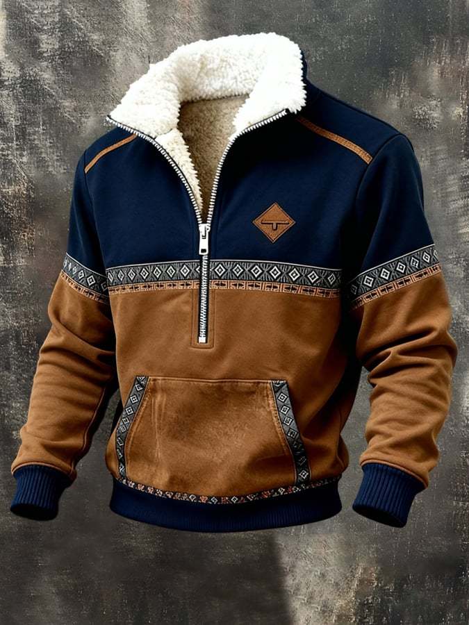 Men's Retro Color Block Printed Fur Collar Sweatshirt