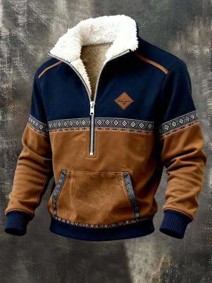 Men's Retro Color Block Printed Fur Collar Sweatshirt