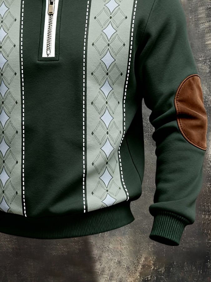 Men's Retro Color Block Print Color-Blocked Zip-Up Sweatshirt