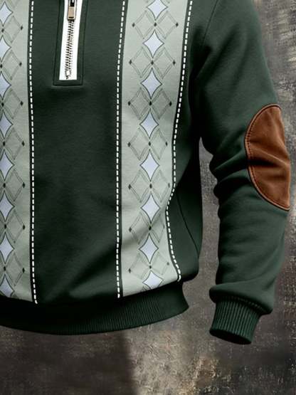 Men's Retro Color Block Print Color-Blocked Zip-Up Sweatshirt