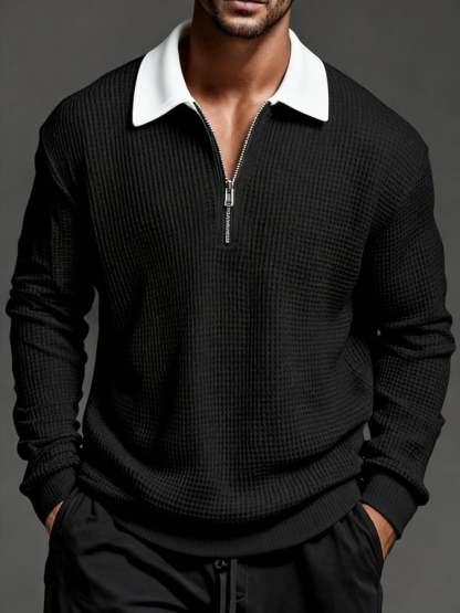 Men'S Vintage Waffle-Knit Casual Outdoor Long-Sleeved Polo Shirt