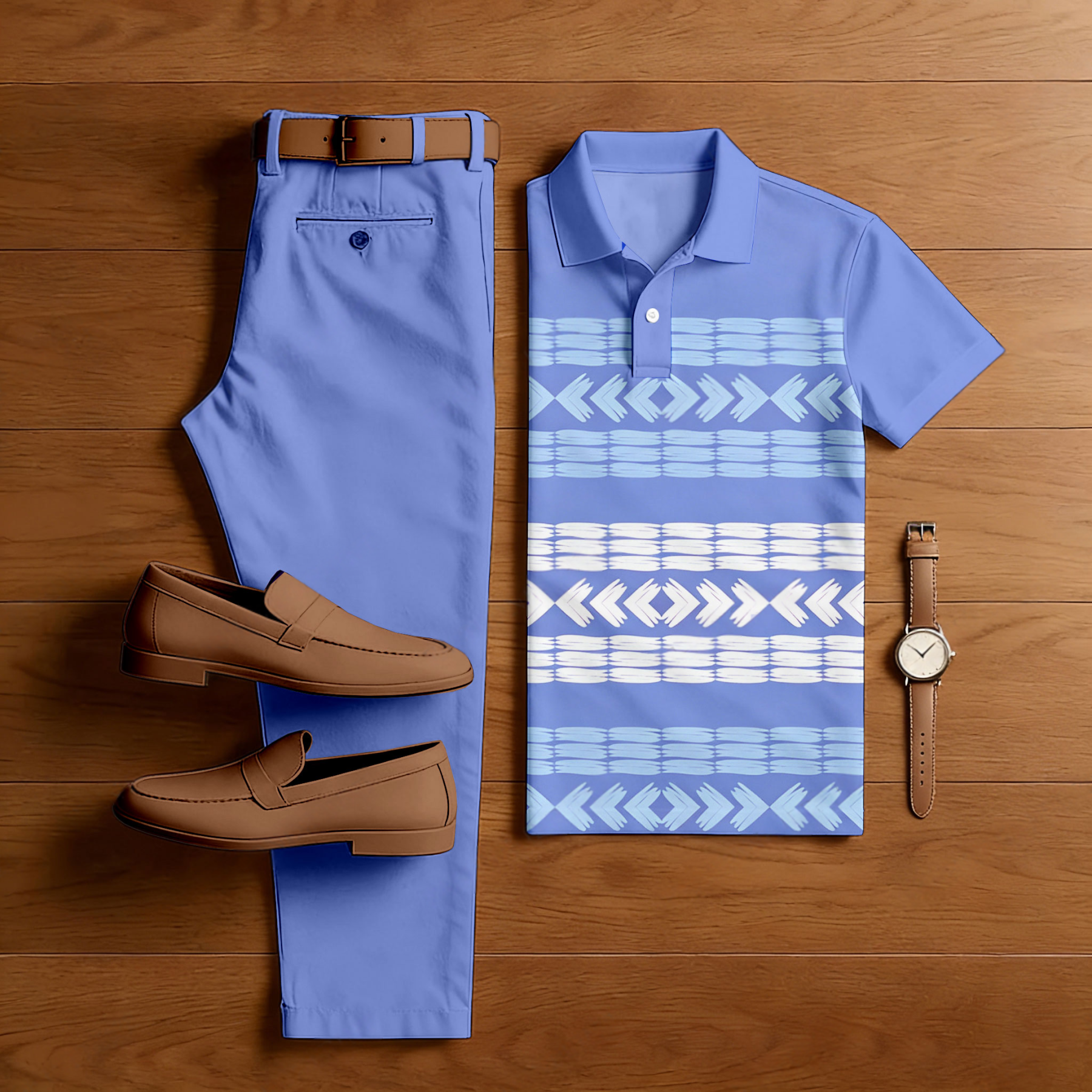 Men's Casual Purple & White Color Matching Geometric Printed Short Sleeved Polo Shirt & Trousers Two-Piece Set