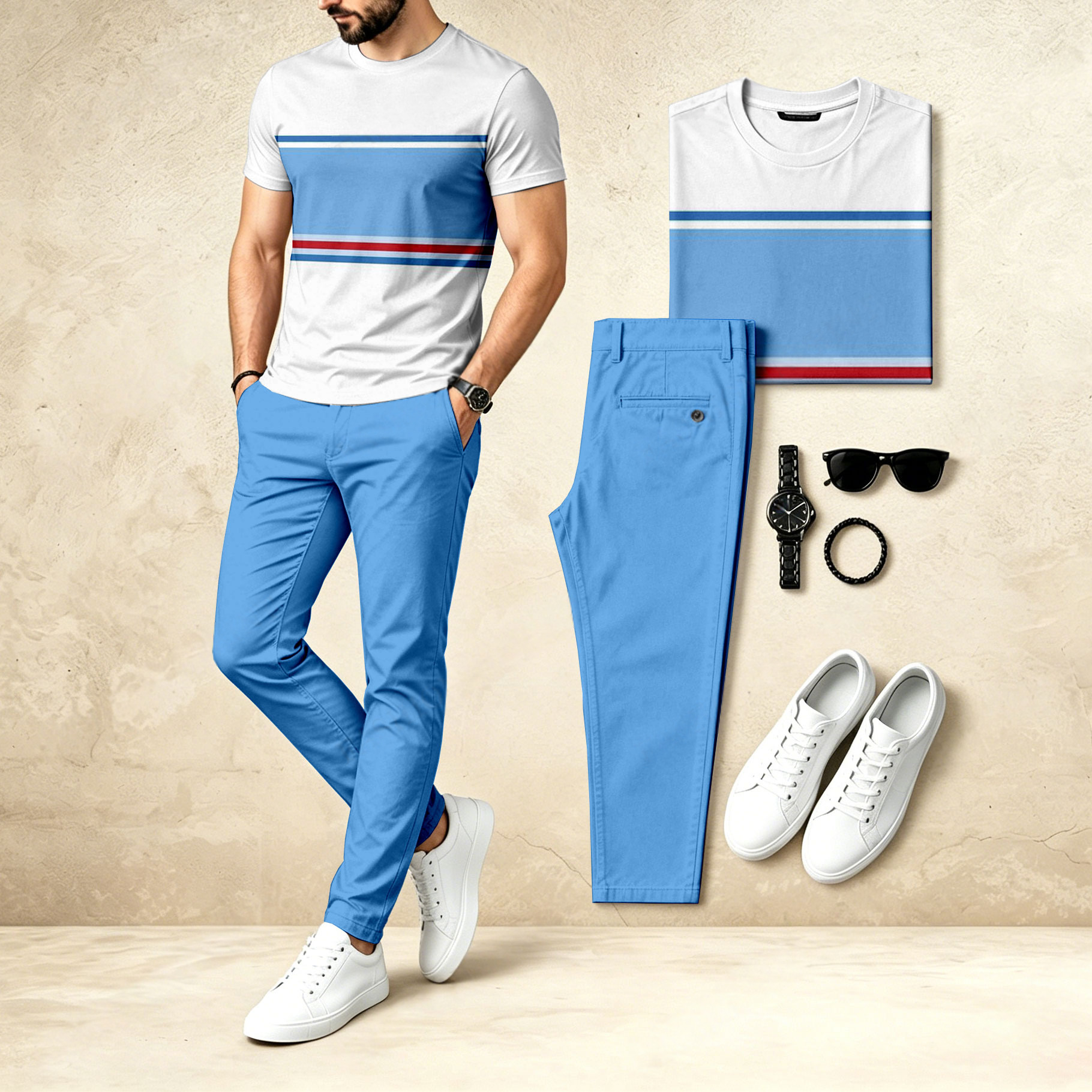 Men's Casual Two-Piece Set: Printed Crew Neck Short-Sleeve Top & Long Pants