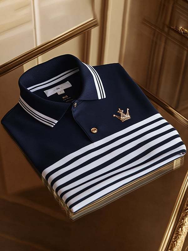 Men's Retro Business Stripe Print Long Sleeve Polo Shirt
