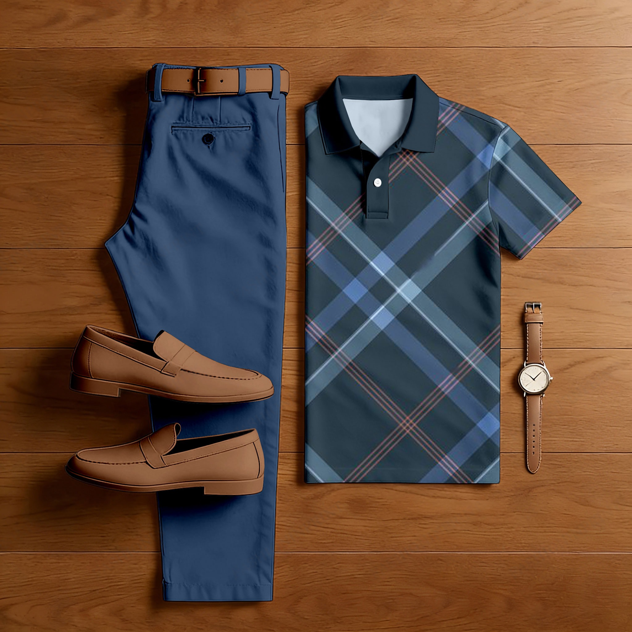 Men's Casual Navy Blue Color Matching Checkered Printed Short Sleeved Polo Shirt & Trousers Two-Piece Set
