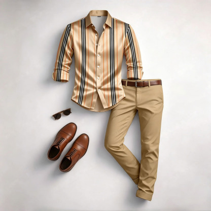 Men's Casual Color Matching Geometric Printed Long Sleeved Shirt & Trousers Two-Piece Set