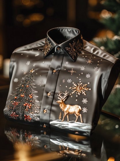 Christmas Men's Business Luxury Christmas Tree and Christmas Elk Long Sleeve Shirt