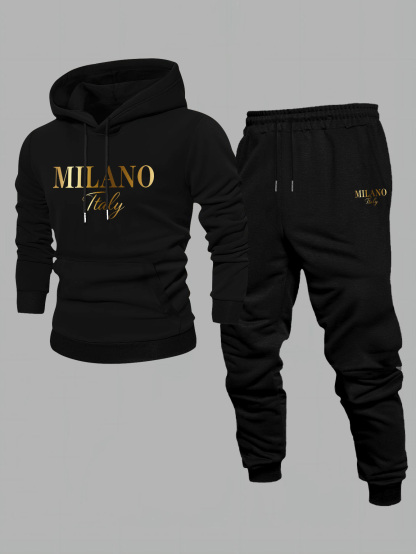 Men's Casual Color Matching Printed Hoodies Long Sleeved Sweatshirts & Sweatpants Two-Piece Set