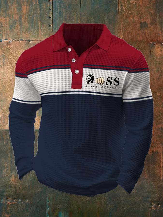 Men's Retro Letter Design Waffle Fabric Long Sleeve Polo Shirt