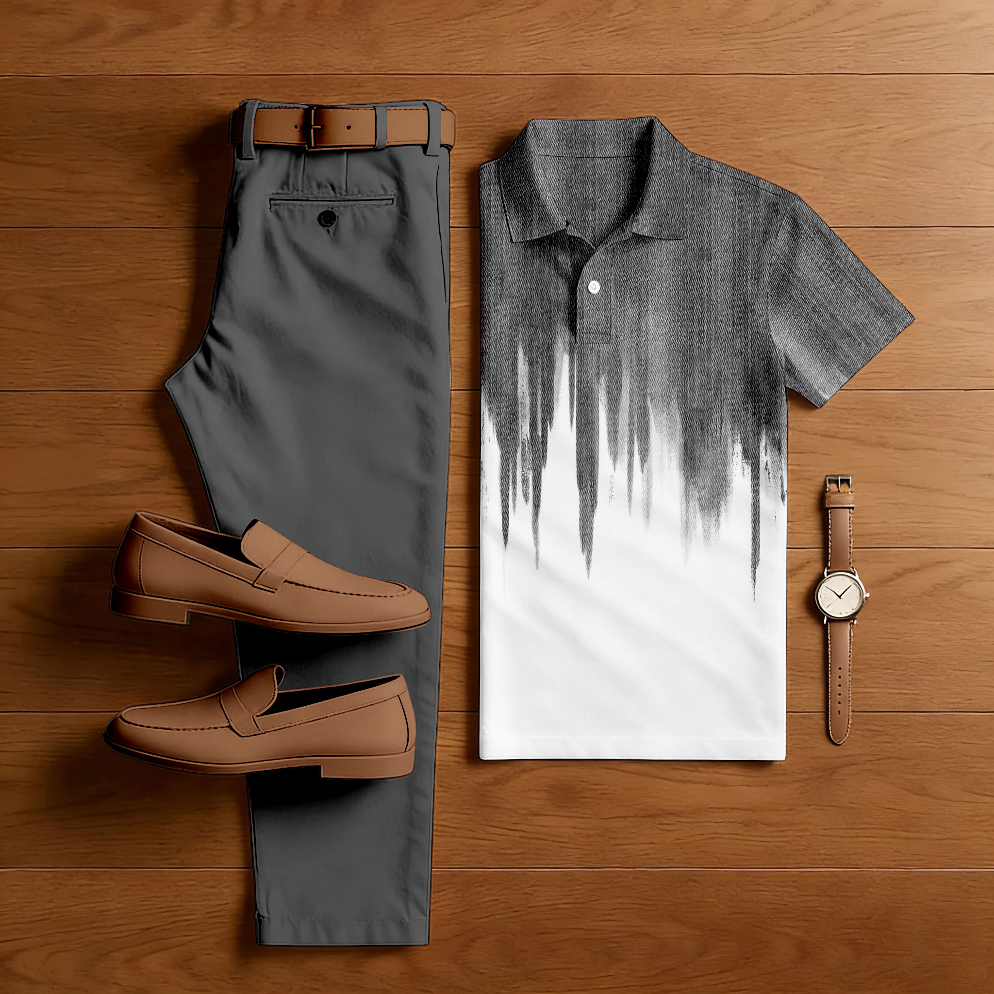 Men's Casual Brown Gradient Printed Polo Shirt And Pants Two-Piece Set