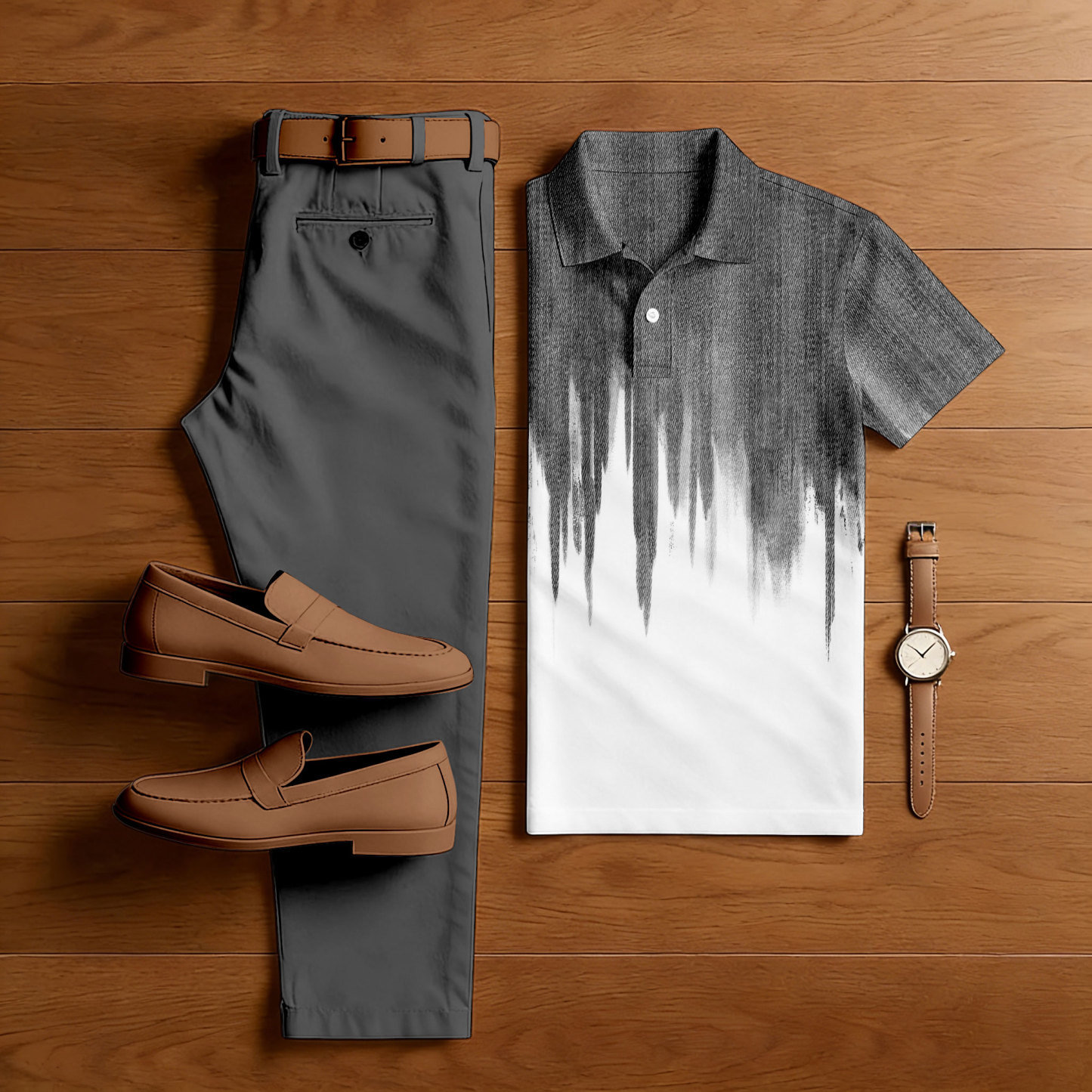 Men's Casual Brown Gradient Printed Polo Shirt And Pants Two-Piece Set