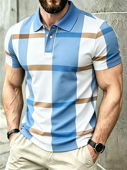 Men's Classic Business Check Button Short Sleeve Polo Shirt