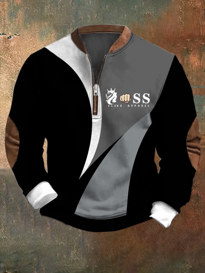 Men's Retro Letter Design Printed Casual Zipper Collar Long-Sleeved Sweatshirt