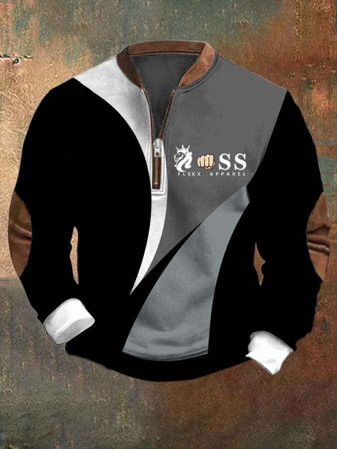 Men's Retro Letter Design Printed Casual Zipper Collar Long-Sleeved Sw