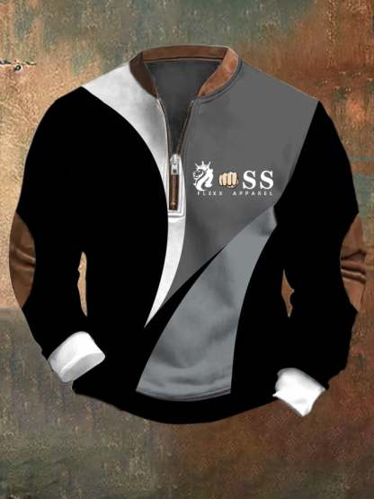 Men's Retro Letter Design Printed Casual Zipper Collar Long-Sleeved Sweatshirt