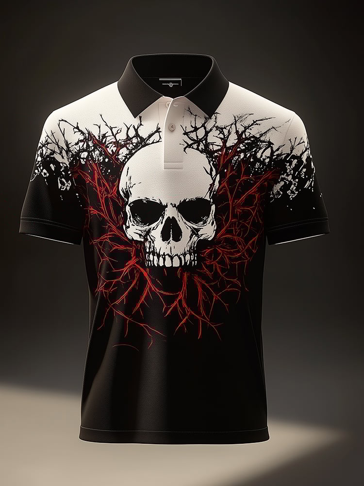 Men's Business Casual Skull Print Button-Down Polo Shirt