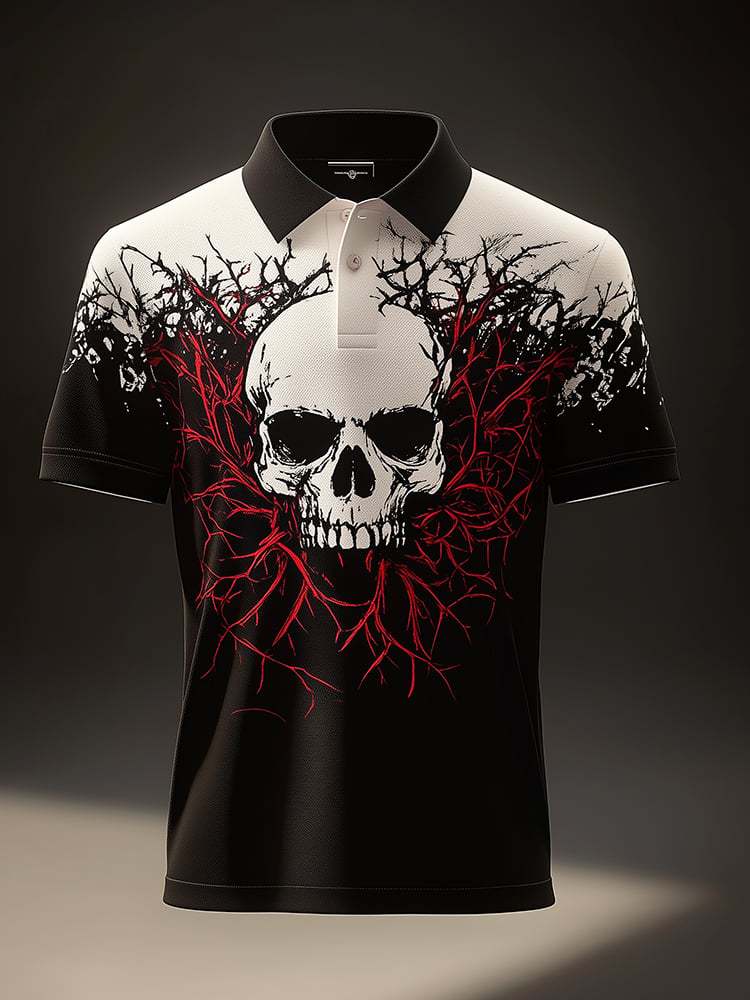 Men's Business Casual Skull Print Button-Down Polo Shirt