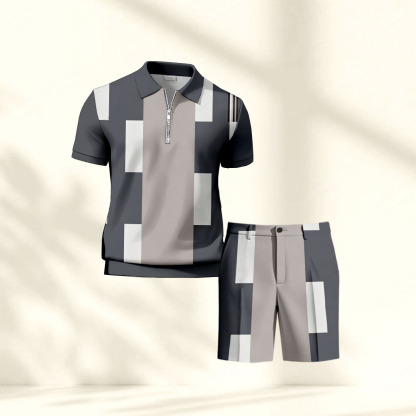 Men's Casual Gray Geometry Printed Polo Shirt And Pants Two-Piece Set