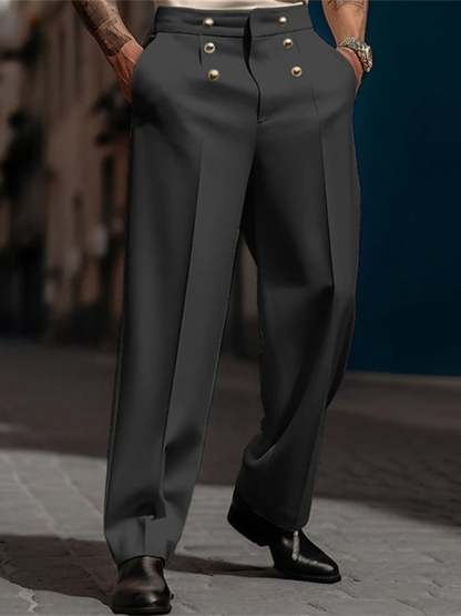 Men's Casual Solid Color Buttoned Mid-Rise Straight Trousers