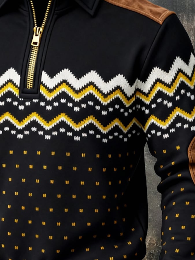 Men's Retro Color Block Print Zipper Sweatshirt