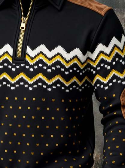 Men's Retro Color Block Print Zipper Sweatshirt