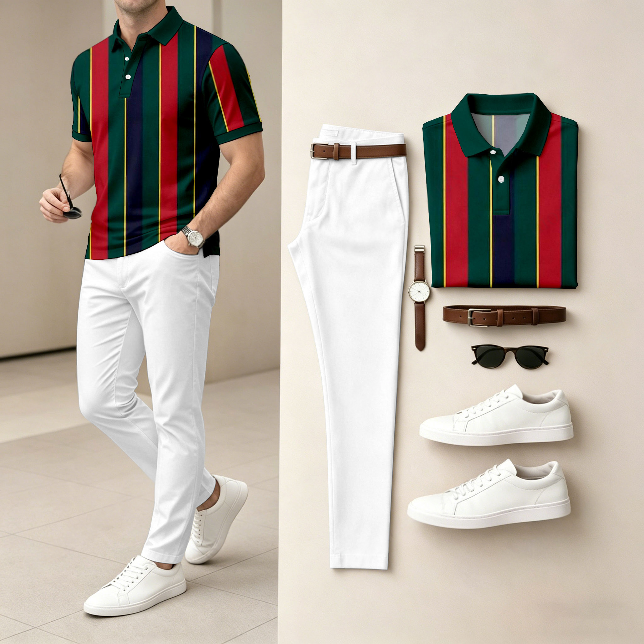 Men's Casual Red Printed Polo Shirt And Pants Two-Piece Set