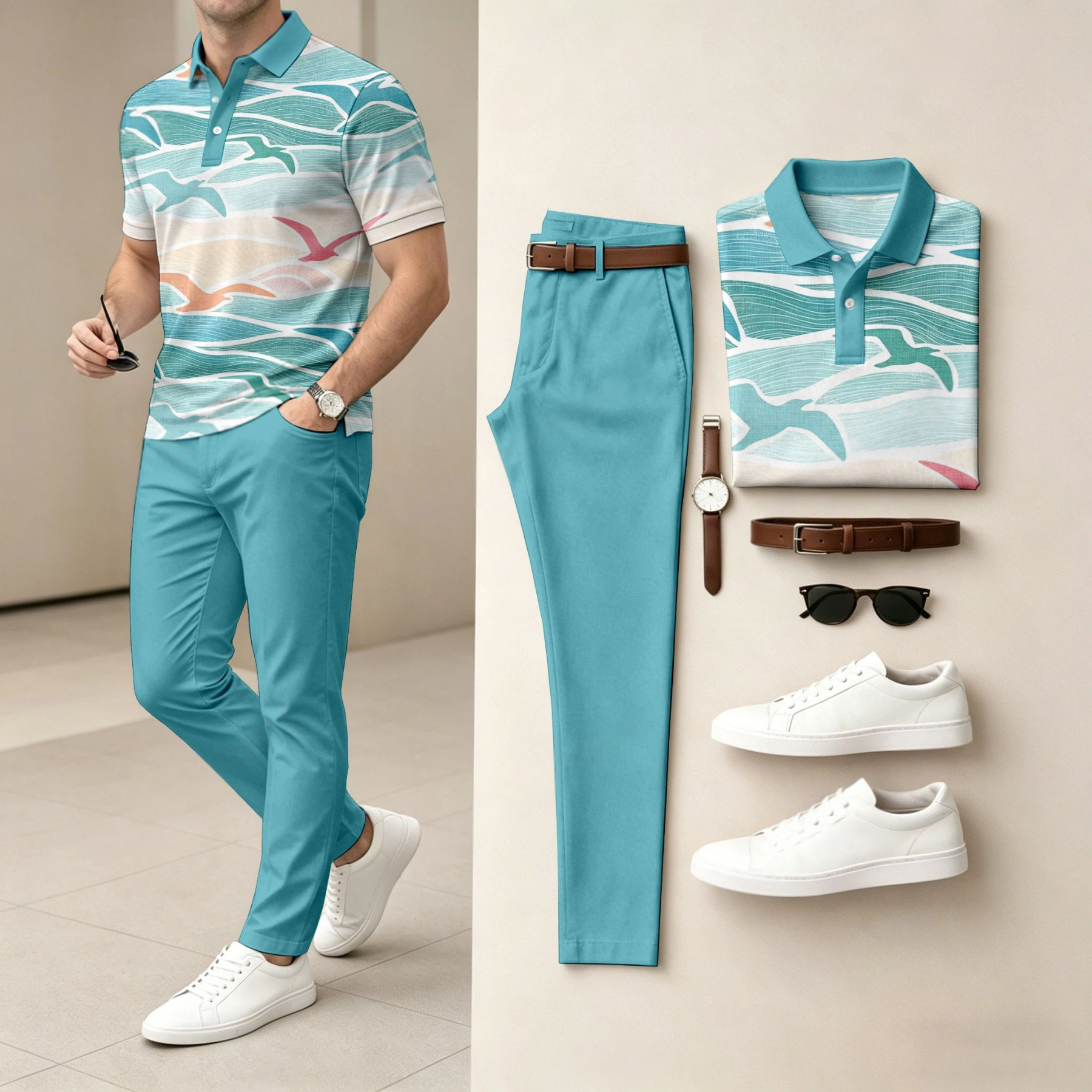 Men's Casual Wave And Bird Print Polo Shirt And Pants Two-Piece Set