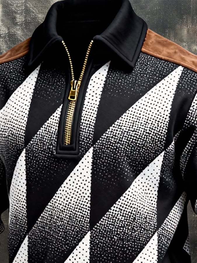 Men's Retro Color Block Print Zipper Sweatshirt