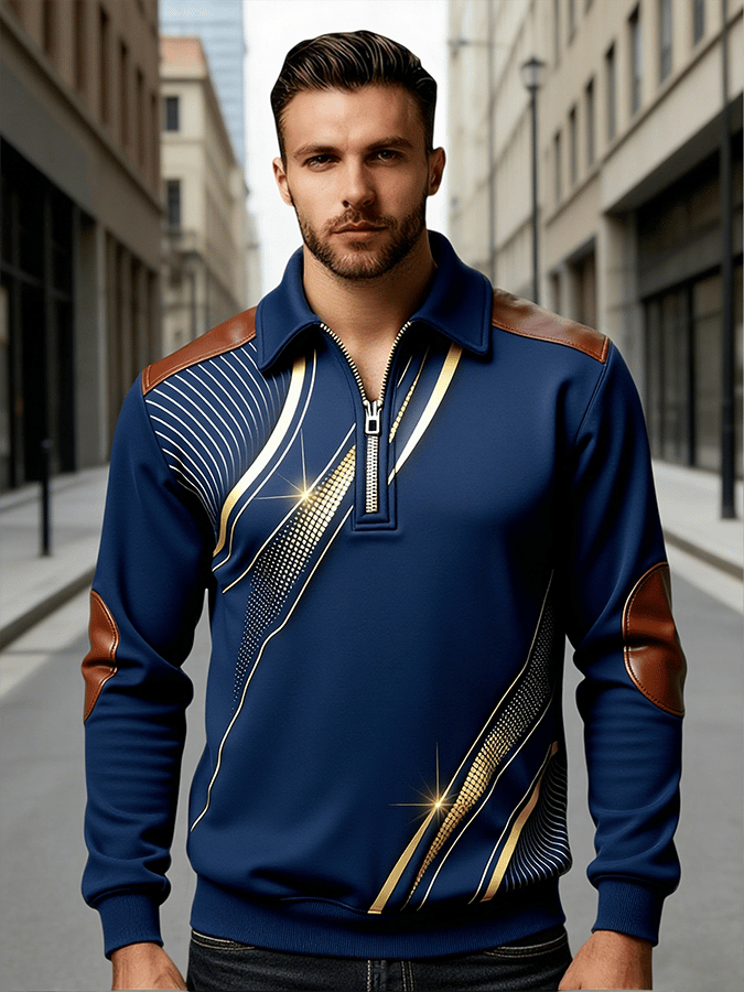 Men's Retro Color Block Print Color-Blocked Zip-Up Sweatshirt