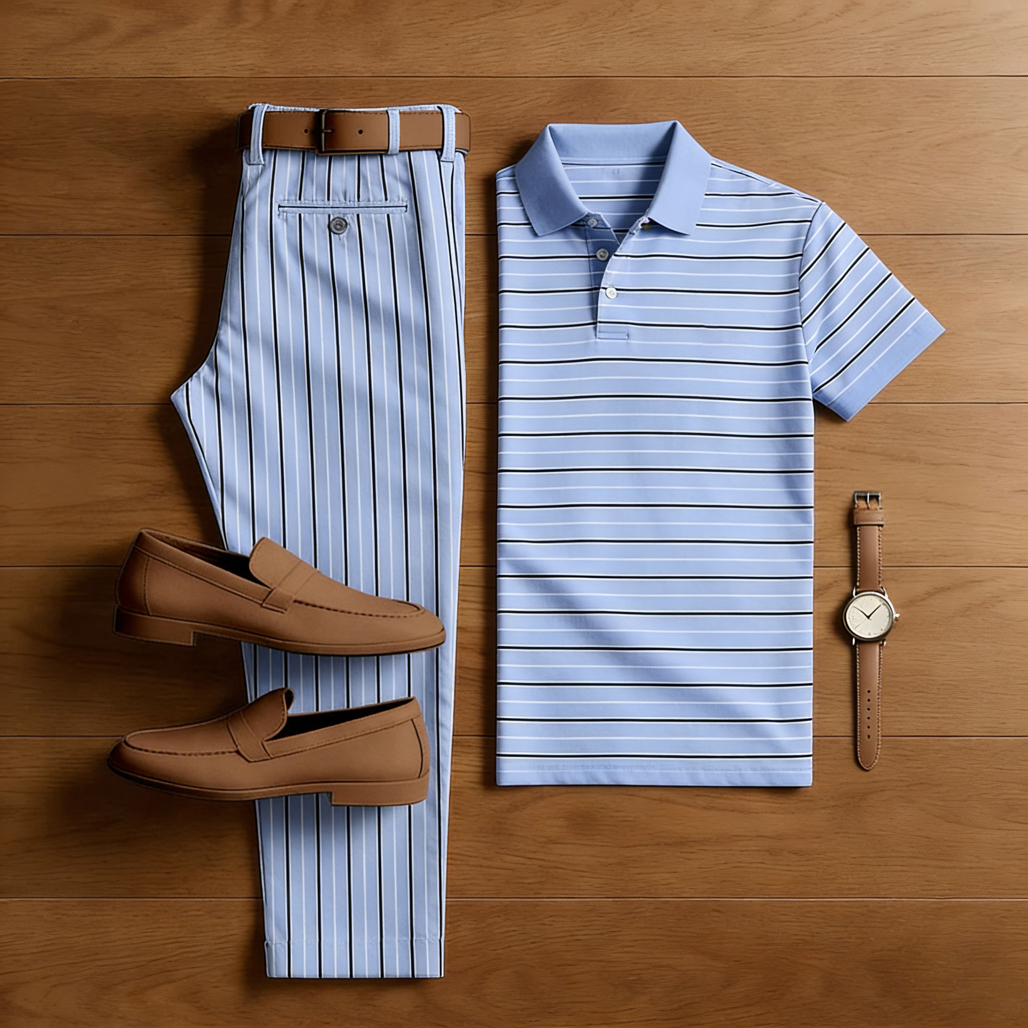 Men's Casual Blue Stripes Printed Polo Shirt And Pants Two-Piece Set