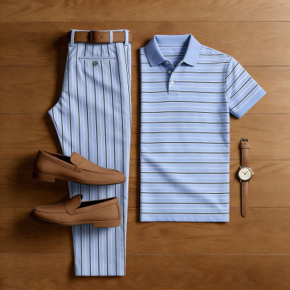Men's Casual Blue Stripes Printed Polo Shirt And Pants Two-Piece Set
